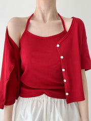 Ribbed Halterneck Top & Cardigan Set (PREORDER)