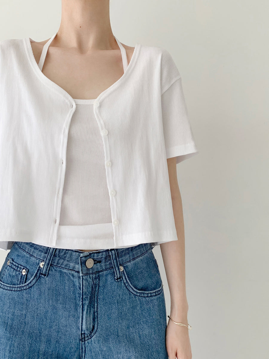 Ribbed Halterneck Top & Cardigan Set (PREORDER)