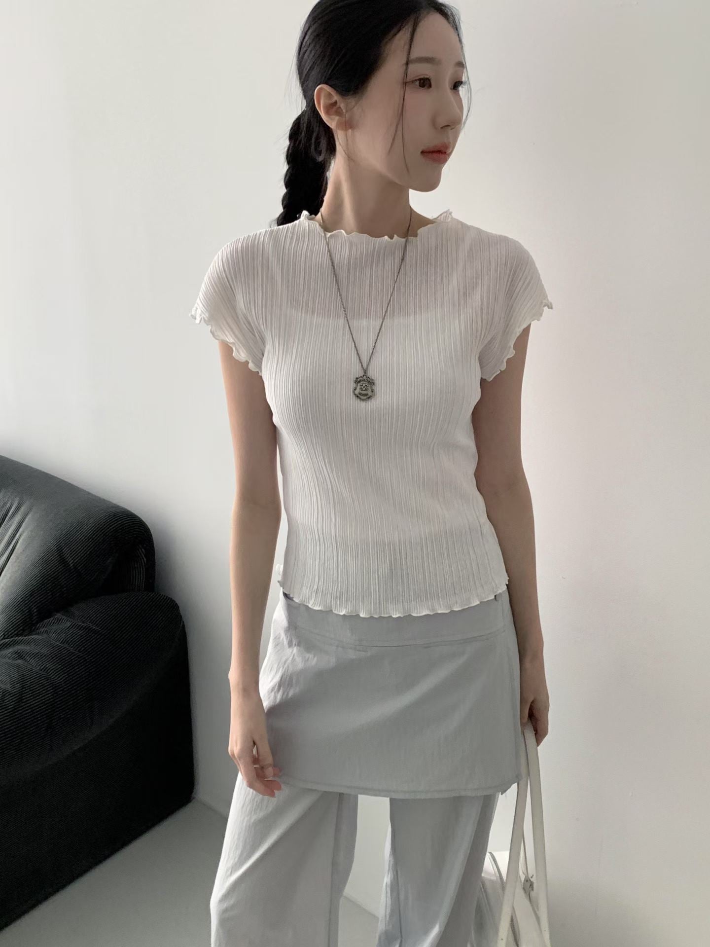 Pleated Lettuce-Edge Blouse