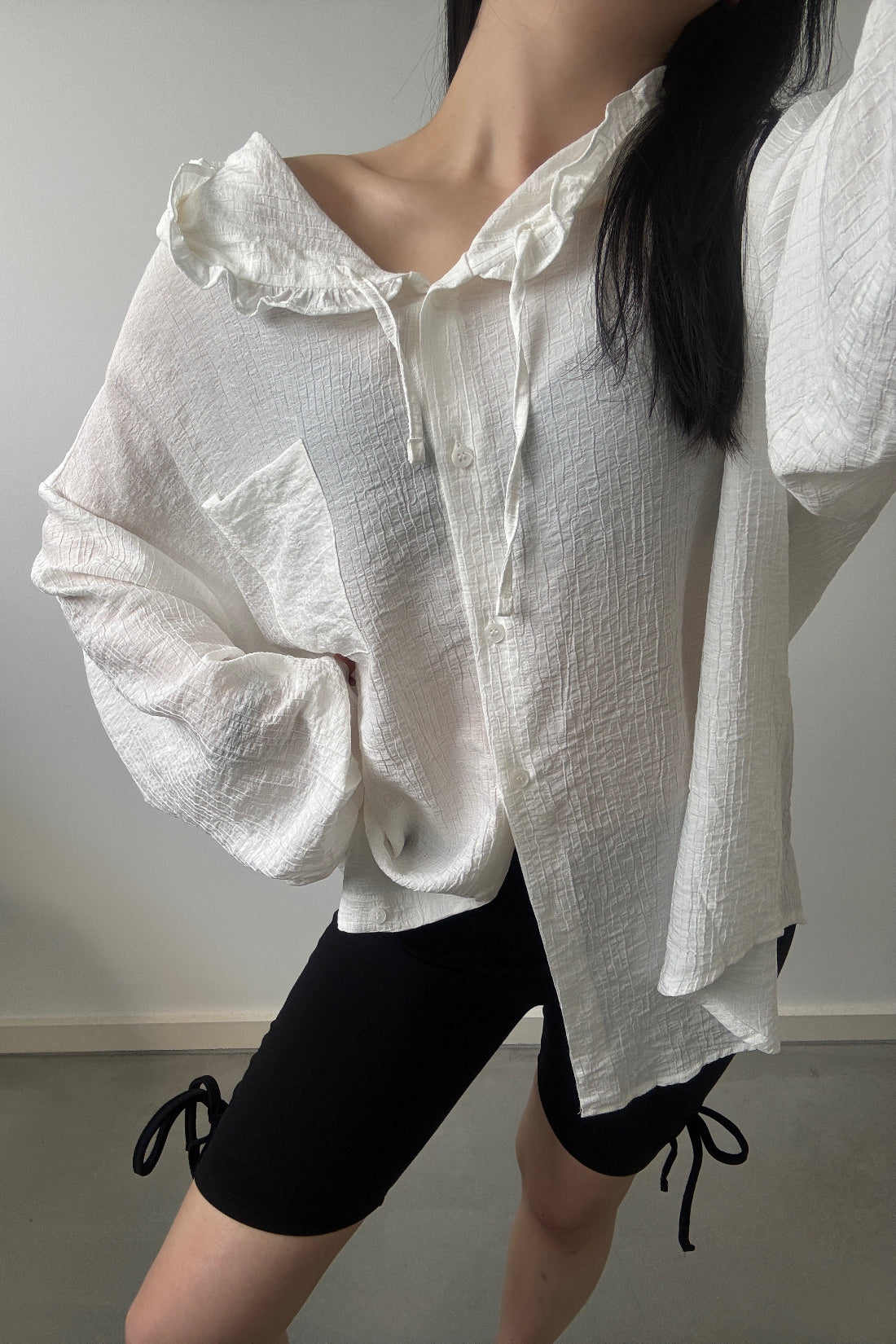 Airy Textured Hooded Blouse