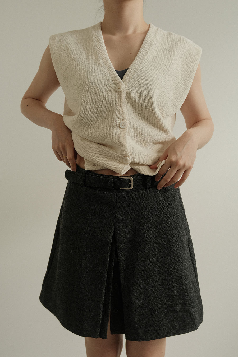 Belted Wool Split Skirt