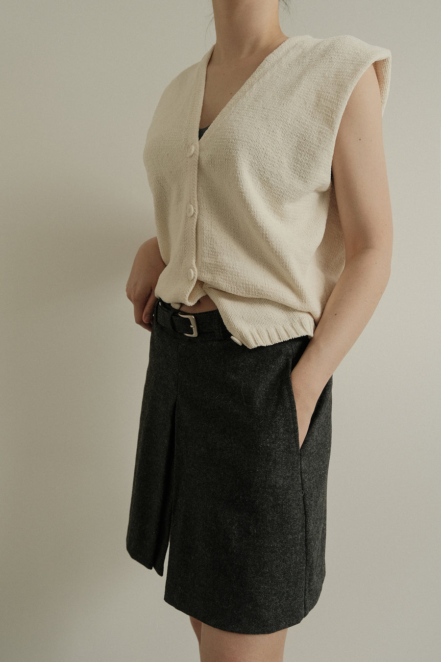 Belted Wool Split Skirt