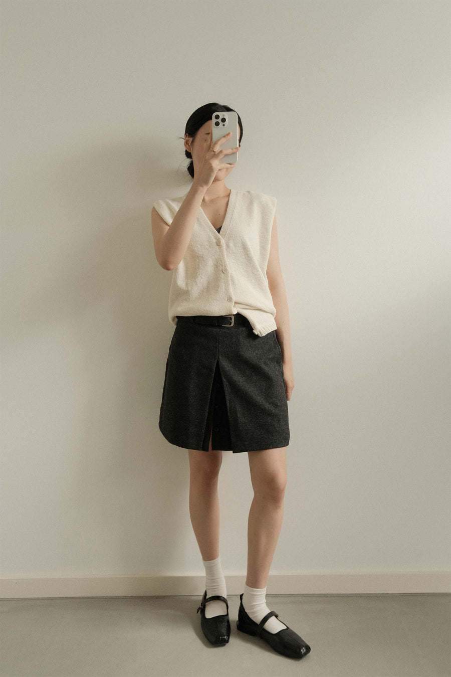 Belted Wool Split Skirt