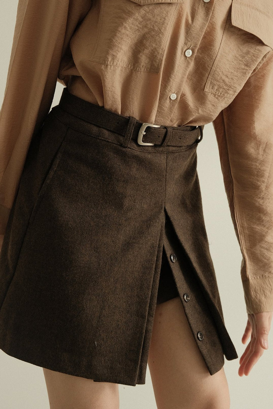 Belted Wool Split Skirt
