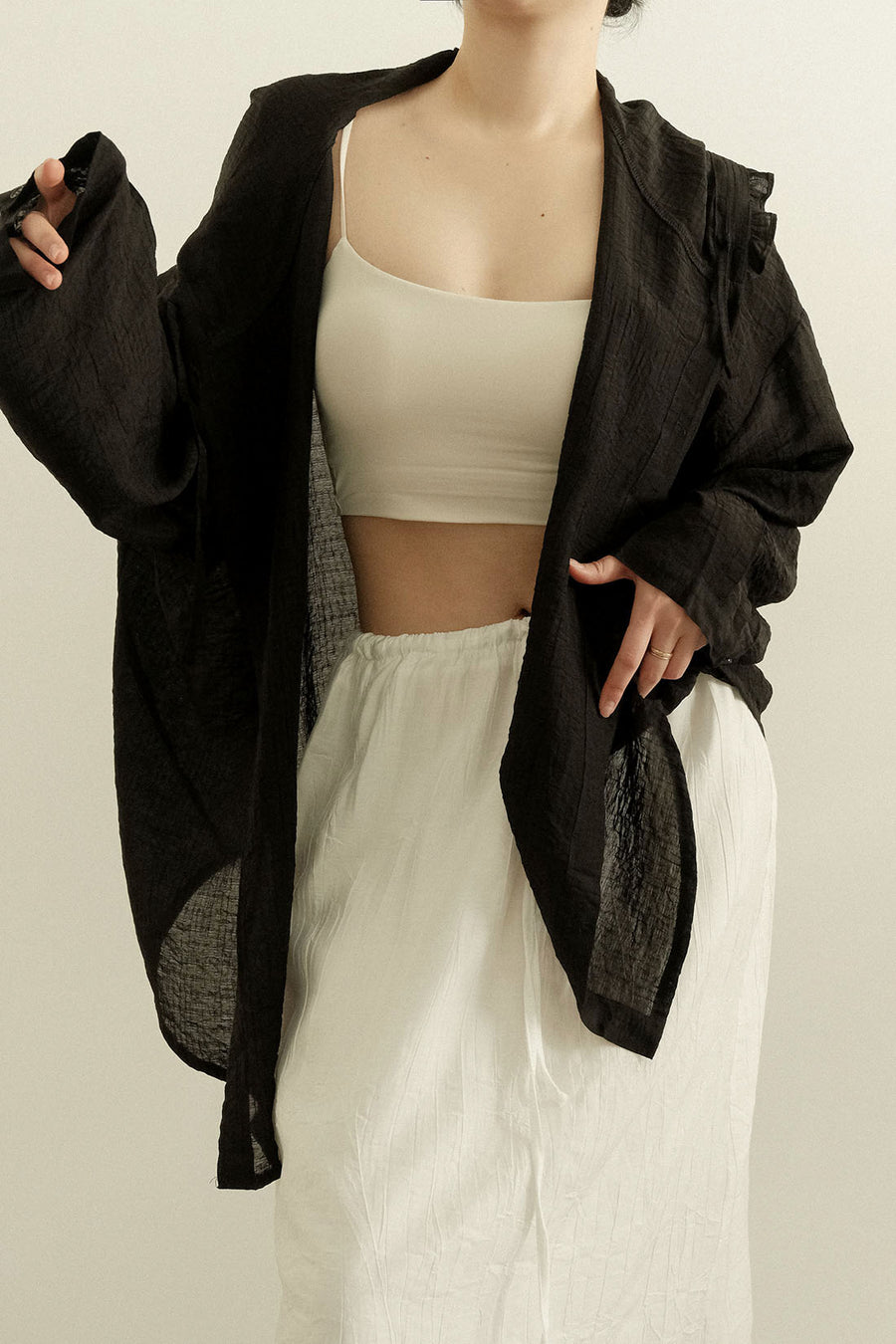 Airy Textured Hooded Blouse