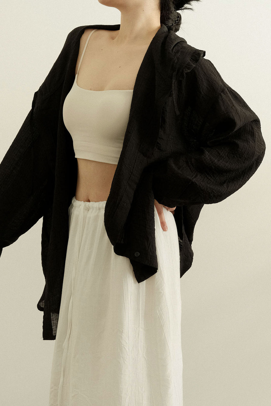 Airy Textured Hooded Blouse