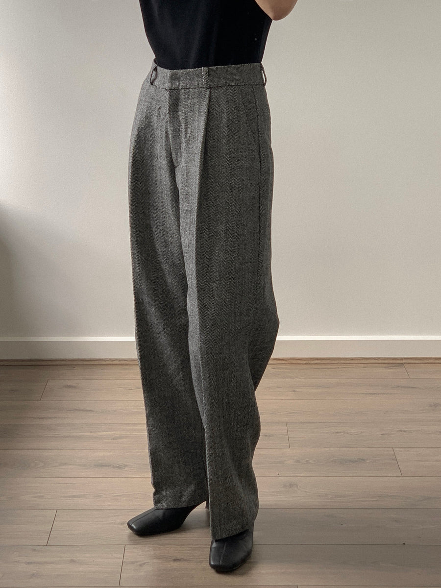 Herringbone Straight Wool Pants
