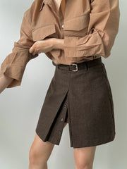 Belted Wool Split Skirt