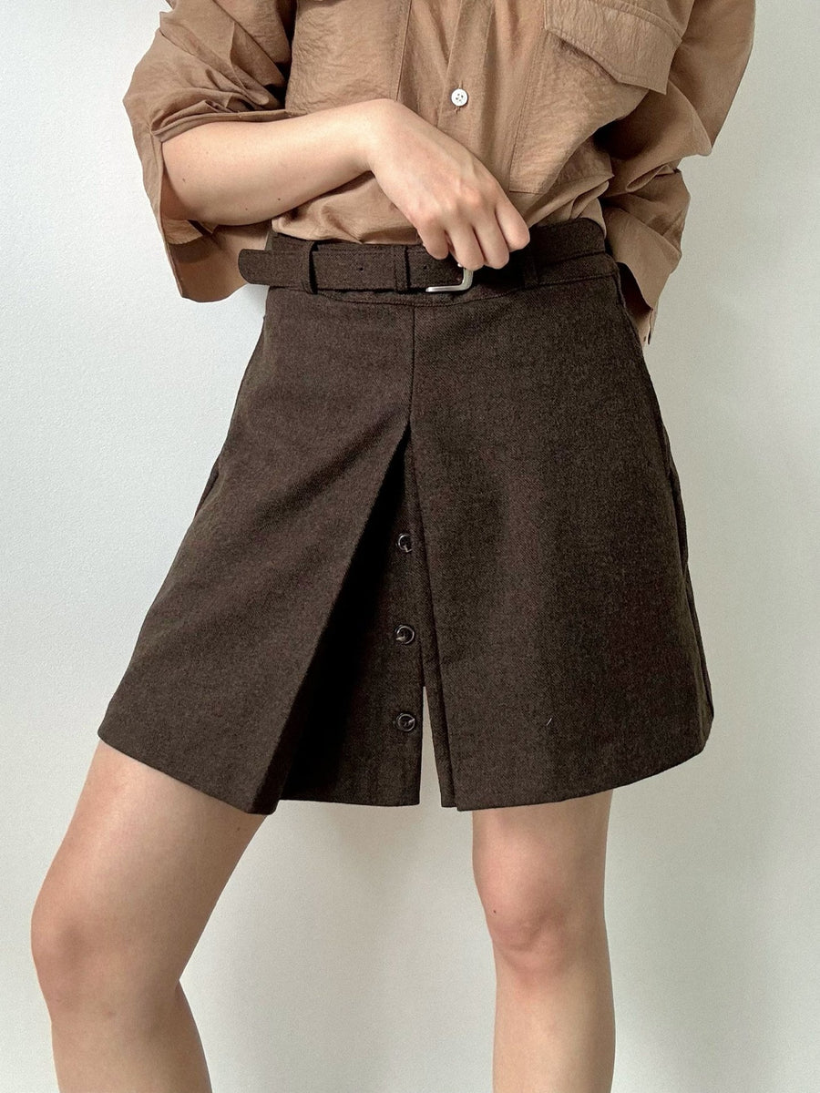Belted Wool Split Skirt