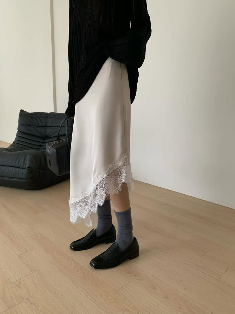 Moonlight Asymmetric Lace Satin Skirt (PREORDER)