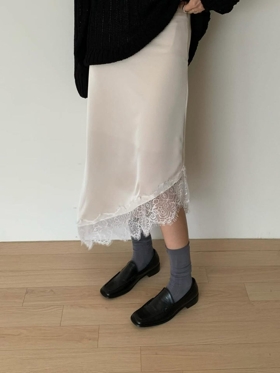 Moonlight Asymmetric Lace Satin Skirt (PREORDER)