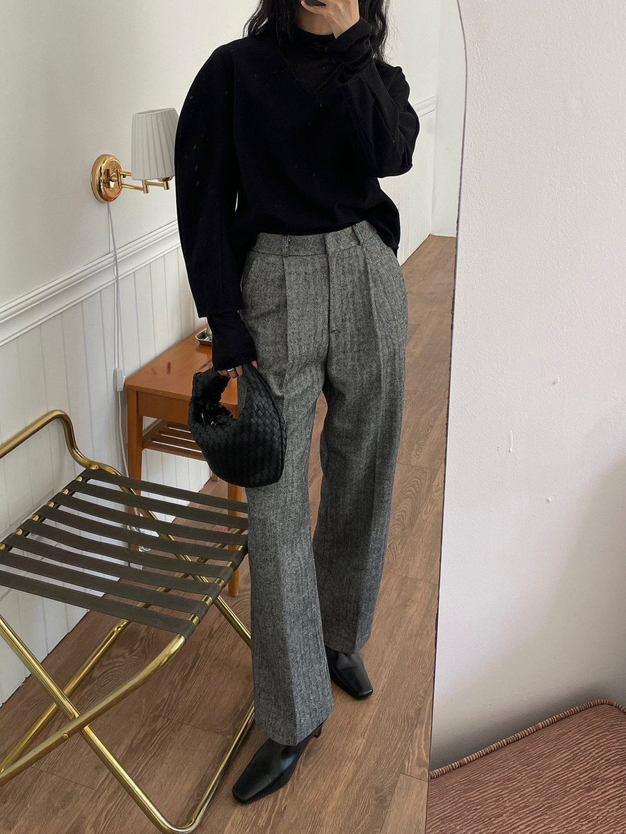 Herringbone Straight Wool Pants